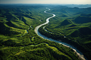 A river running through a lush green valley