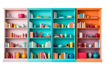 Colorful bookshelves with many modern colorful objects on them over isolated transparent background