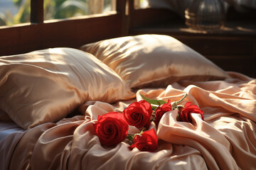 Fototapeta na wymiar Petals on the Bed for Valentine's Day, Romantic Retreat, Bed adorned with Rose Petals, Creating an Intimate Atmosphere in a Captivating Image