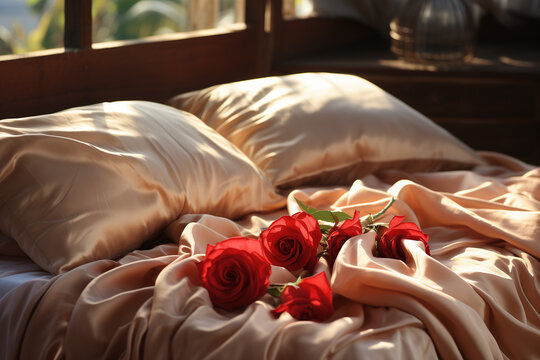 Petals on the Bed for Valentine's Day, Romantic Retreat, Bed adorned with Rose Petals, Creating an Intimate Atmosphere in a Captivating Image
