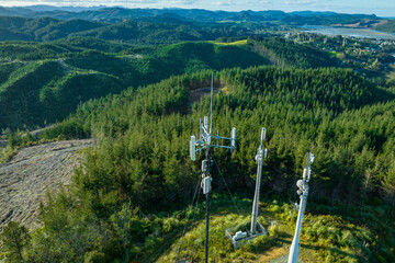 Aerial: Communications Cell Tower on a hill, coromandel, New Zealand