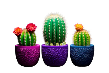 Fototapeta na wymiar Three beautiful cactus on colorful pots over isolated transparent background