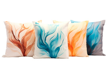 Modern style pillows in different colors with watercolor design on isolated transparent background