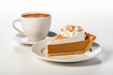 A slice of pumpkin pie on a white background