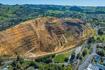 Aerial: view of the Martha open cast mine in waihi, New Zealand