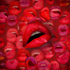 Artwork with sensual lips. Abstract sexy lip on red. Lips and mouth. Female lip in red background. Woman lips.