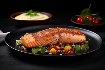 An elegant plate featuring a perfectly seared salmon fillet, accompanied by a colorful quinoa salad