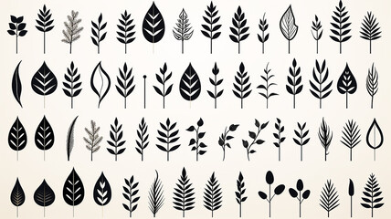 set, collection of simple leaves and branches isolated on a white background, minimalism flat graphics for design, black and white style