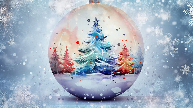 new year greeting card, decoration ball on a winter background with snowflakes, christmas gift