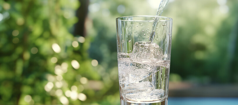 fresh clear mineral water in a glass with forest background 2