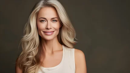 Foto op Canvas Beautiful blonde woman with smooth healthy face skin. Gorgeous aging mature woman with long gray hair and happy smiling. Beauty and cosmetics skincare advertising concept. © xavmir2020