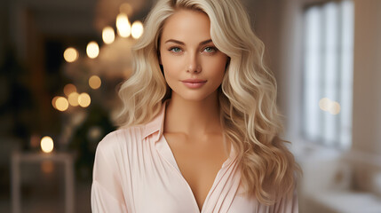 Beautiful blonde woman with smooth healthy face skin. Gorgeous aging mature woman with long hair and happy smiling. Beauty and cosmetics skincare advertising concept.