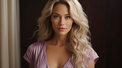 Beautiful blonde woman with smooth healthy face skin. Gorgeous aging mature woman with long gray hair and happy smiling. Beauty and cosmetics skincare advertising concept.