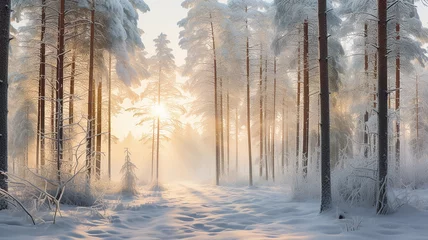 Papier Peint photo Lavable Blanche winter landscape in the forest, the rays of the morning sun at sunrise in the frosty fog between the trees