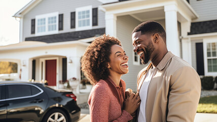 Happy African American couple laughing together in front of the new car and the new house background. New house mortgage business investment and home sweet home after married lifestyle concept.