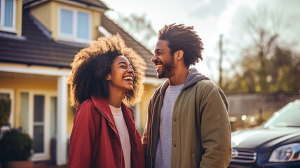 Happy African American couple laughing together in front of the new car and the new house background. New house mortgage business investment and home sweet home after married lifestyle concept. - obrazy, fototapety, plakaty
