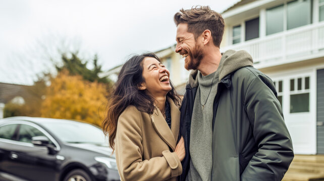 Happy couple laughing together in front of the new car and the new house background. New house mortgage business investment and home sweet home after married lifestyle concept.