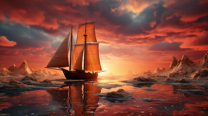 3d realistic sailboat - obrazy, fototapety, plakaty