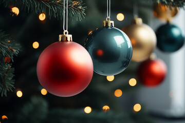 Christmas tree with colorful baubles on blurred background, closeup