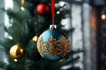 Beautiful Christmas bauble hanging on Christmas tree indoors, closeup