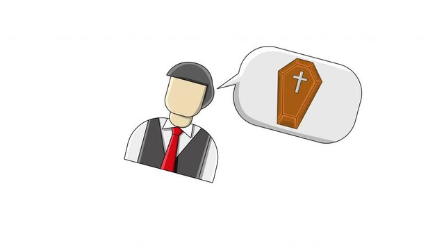flat design animation of a man thinking about a coffin