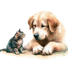 Mixed Breed Dog and Cute Kitten Curiously Looking at each other in Watercolor on Transparent Background