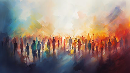 multicolored crowd, a row of silhouettes of people , drawing watercolor style multicultural society, performance concert, rainbow spectrum background gradient - obrazy, fototapety, plakaty