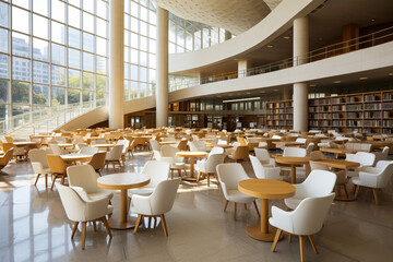 Modern airy building with a cafeteria sitting area and a library