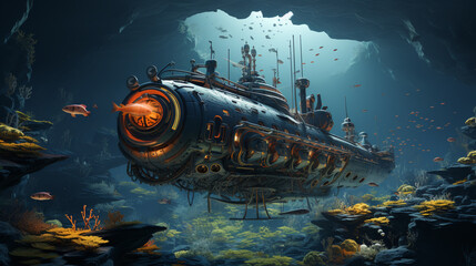 3d realistic submarine - obrazy, fototapety, plakaty