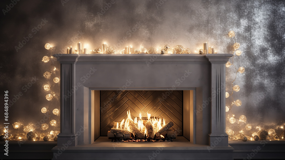 Wall mural christmas fireplace decoration with lights glowing on a gray background wall