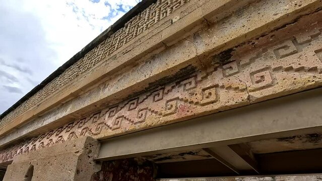 Ancient Ruins Site of Mitla Oaxaca Mexico, Elaborate fretwork found in old ruins in Oaxaca, Mexico. Intricate stone detail found in the archaeological site of Mitla, Archeological Tourist Site