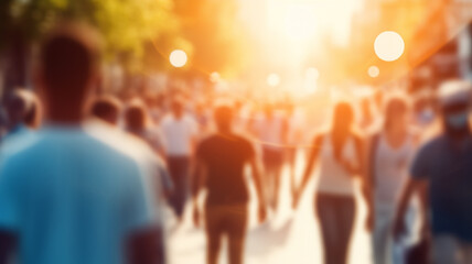 crowd of people on a sunny summer street blurred abstract background in out-of-focus, sun glare image light
