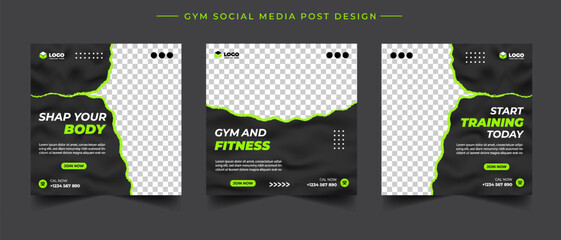 	
Gym, fitness, and sports social media post template design set. Usable for social media, banner, and website
