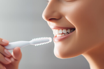 White teeth of a smiling woman brushing her teeth. Brushing your teeth every day keeps them healthy, and whitening them makes them more palatable. Health, beauty and dentistry concept.