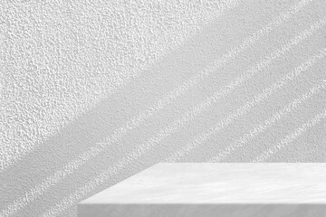 Loft Concrete Table with White Stucco Wall Texture Background with Light Beam and Shadow, Suitable...