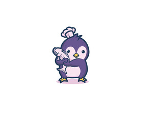 Cute penguin chef holding a fish