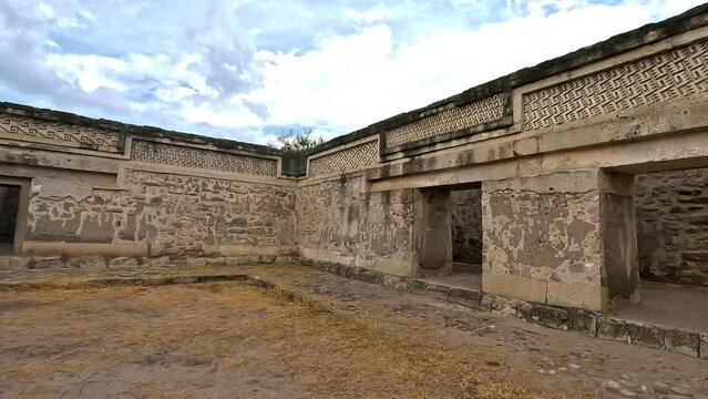 Ancient Ruins Site of Mitla Oaxaca Mexico, Elaborate fretwork found in old ruins in Oaxaca, Mexico. Intricate stone detail found in the archaeological site of Mitla, Archeological Tourist Site