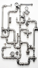 vertical background pipes and pipe connections isolated on white, abstract communications