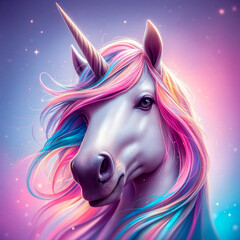 The unicorn is a legendary creature that has been described since antiquity as a beast with a single large, pointed, spiraling horn. Close up. Generative AI.