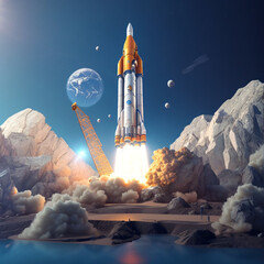 3D Rendering Rocket Space, Illustration, International Day of Human Spaceflight concept, For a postcard, banner or poster - obrazy, fototapety, plakaty