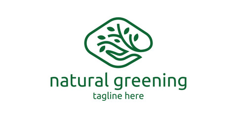natural greenery logo design with hand and plant elements.