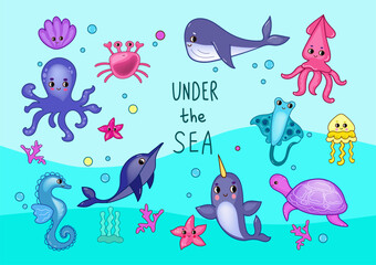 Set sea animals. Marine life objects vector cartoon doodle 3d illustration.