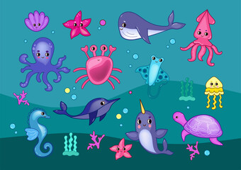 Set sea animals. Marine life objects vector cartoon doodle 3d illustration.