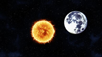 Orange sun and moon in the space
