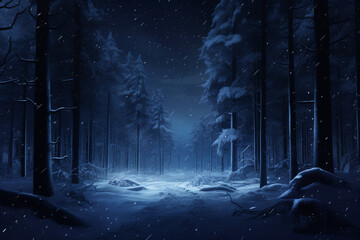 Beautiful snowy winter background landscape with forest, snowfall, snowdrift, at night, festive holiday illustration - obrazy, fototapety, plakaty
