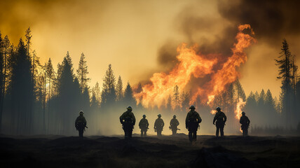 Fototapeta na wymiar a group of firefighters on a forest fire a view from the back against the background of wildfire in the forest fiction, computer graphics