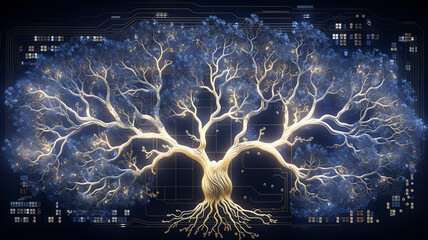 background concept is artificial intelligence, a symbol of nature and growth, a tree of life and a brain integrated and combined with a computer chip, fictional graphics