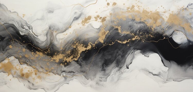 Explore the world of artistic expression with an abstract marble flow blot painting in watercolor and acrylic, featuring gold, beige, and black on a canvas background with a horizontal texture.