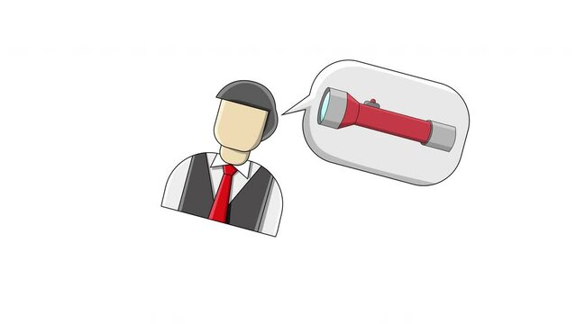 flat design animation of a man thinking about a flashlight