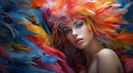 talented makeup artist is posing with her painted face with colorful feathers